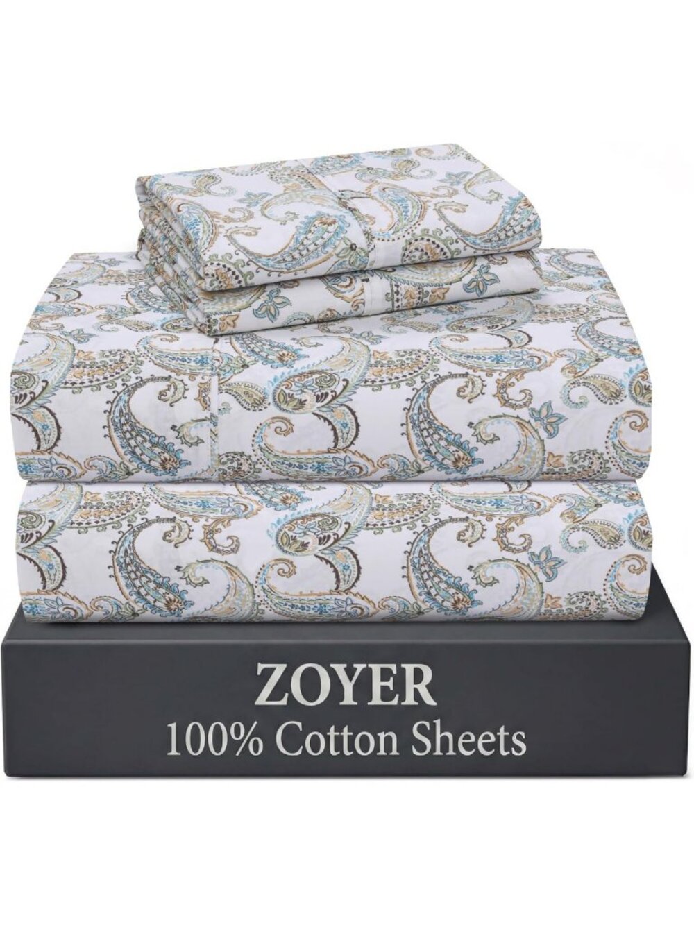 100% Cotton Full Size Sheets Set - Soft Percale Bedding with Paisley Design